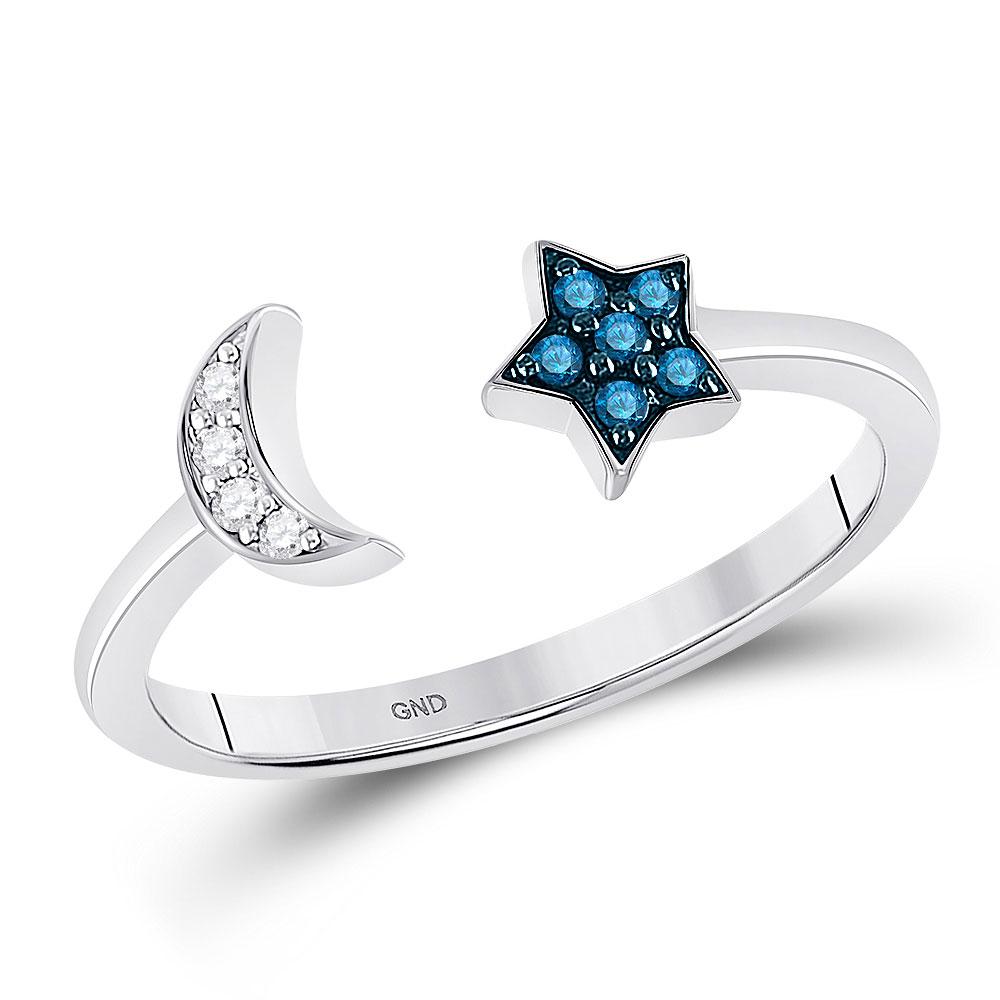 GND Diamond Star Ring 7 Sterling Silver Womens Round Blue Color Enhanced Diamond Moon Star Ring 1/10 Cttw