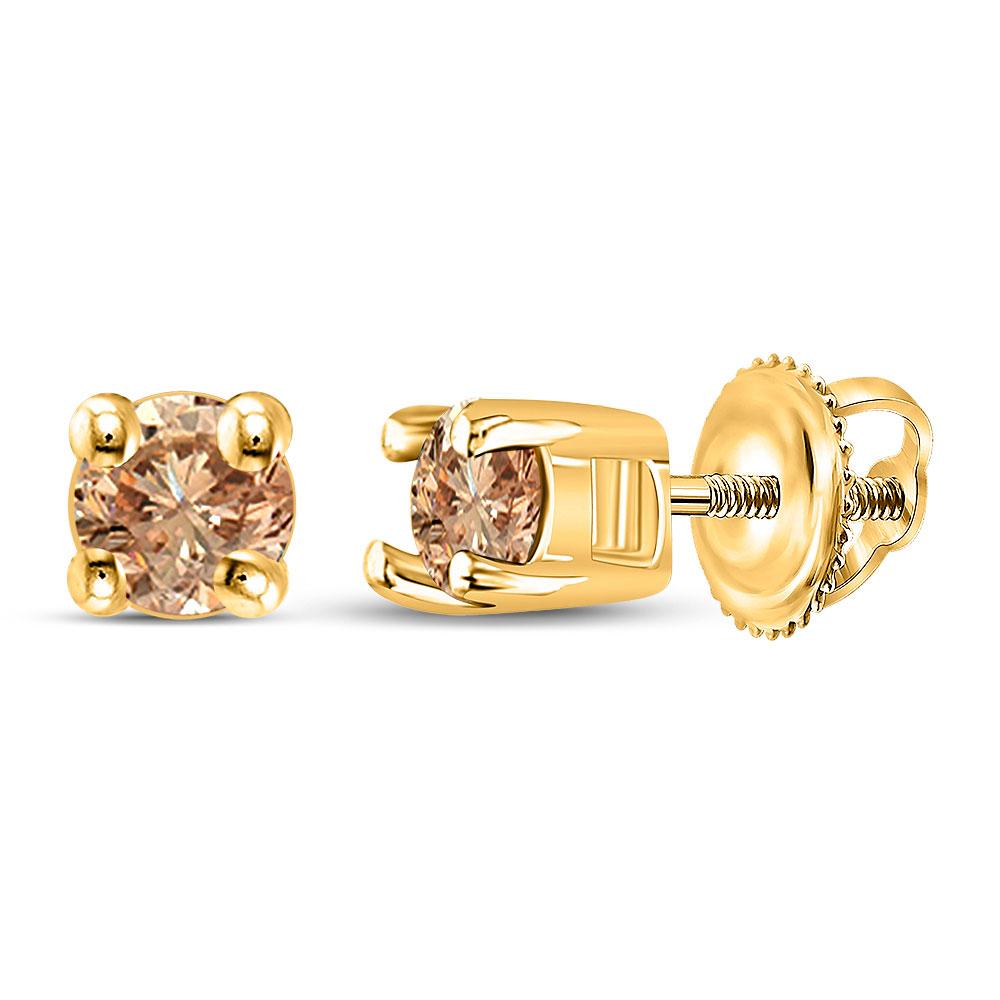 GND Diamond Stud Earring 10kt Yellow Gold Womens Round Brown Diamond Solitaire Stud Earrings 1/4 Cttw