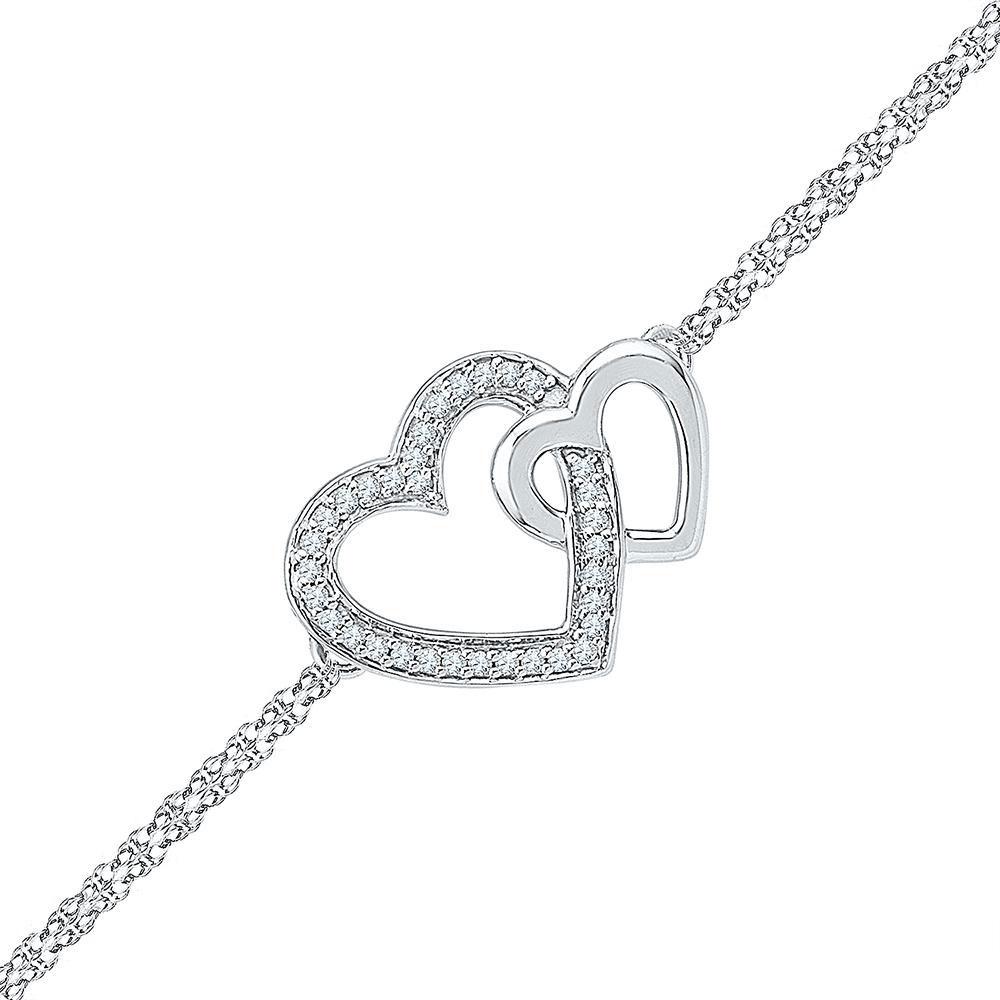 Sterling Silver Womens Round Diamond Double Heart Chain Bracelet 1/10 Cttw