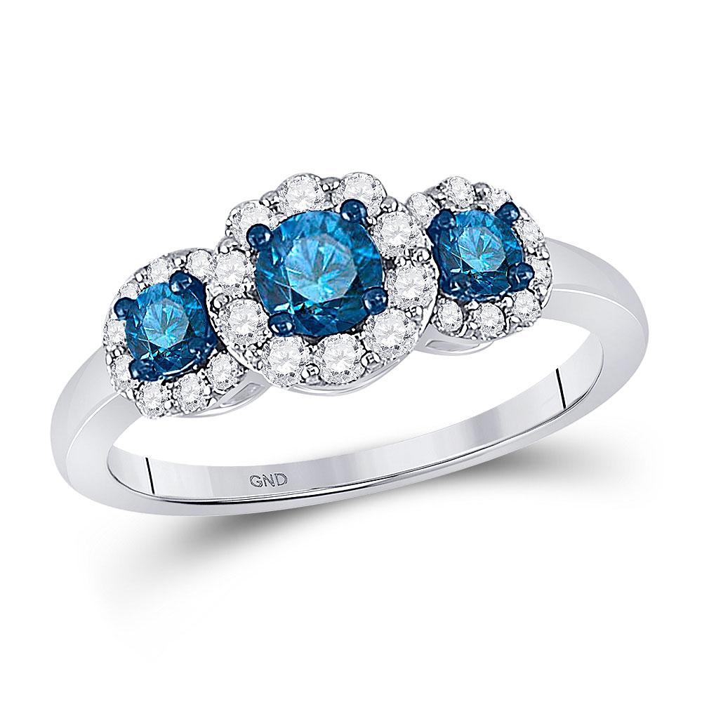 GND Engagement Bridal Ring 10kt White Gold Round Blue Color Enhanced Diamond 3-stone Bridal Wedding Ring 1 Cttw