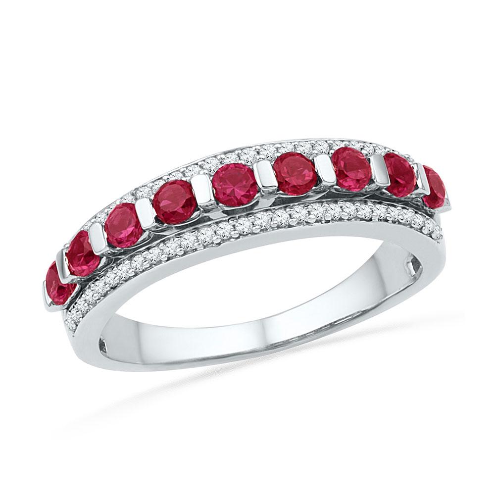 GND Gemstone Band 10kt White Gold Womens Round Lab-Created Ruby Diamond Band Ring 1 Cttw