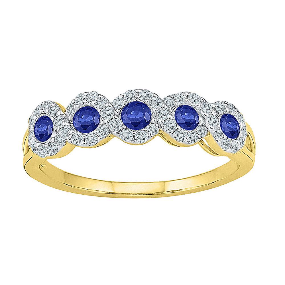 GND Gemstone Band 10kt Yellow Gold Womens Round Lab-Created Blue Sapphire Band Ring 1/2 Cttw