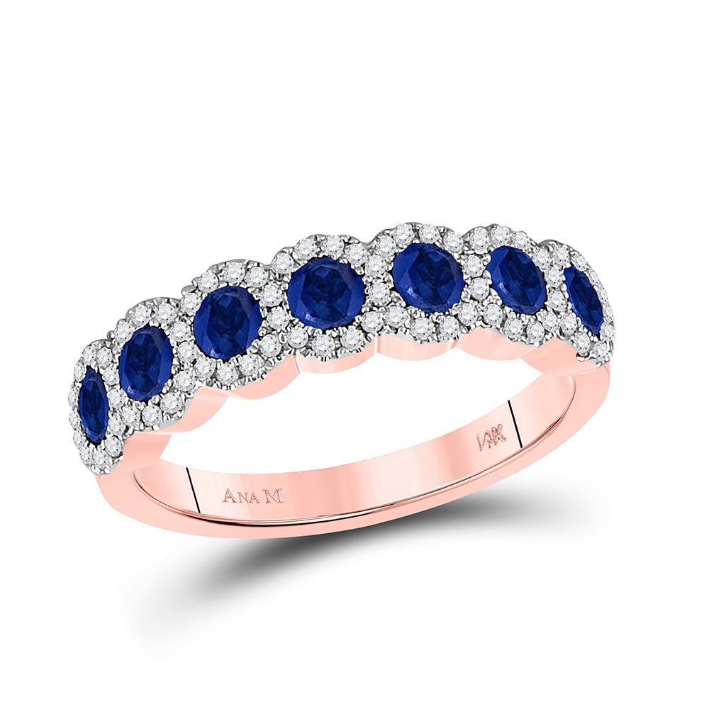 GND Gemstone Band 14kt Rose Gold Womens Round Blue Sapphire Diamond Band Ring 1-1/4 Cttw