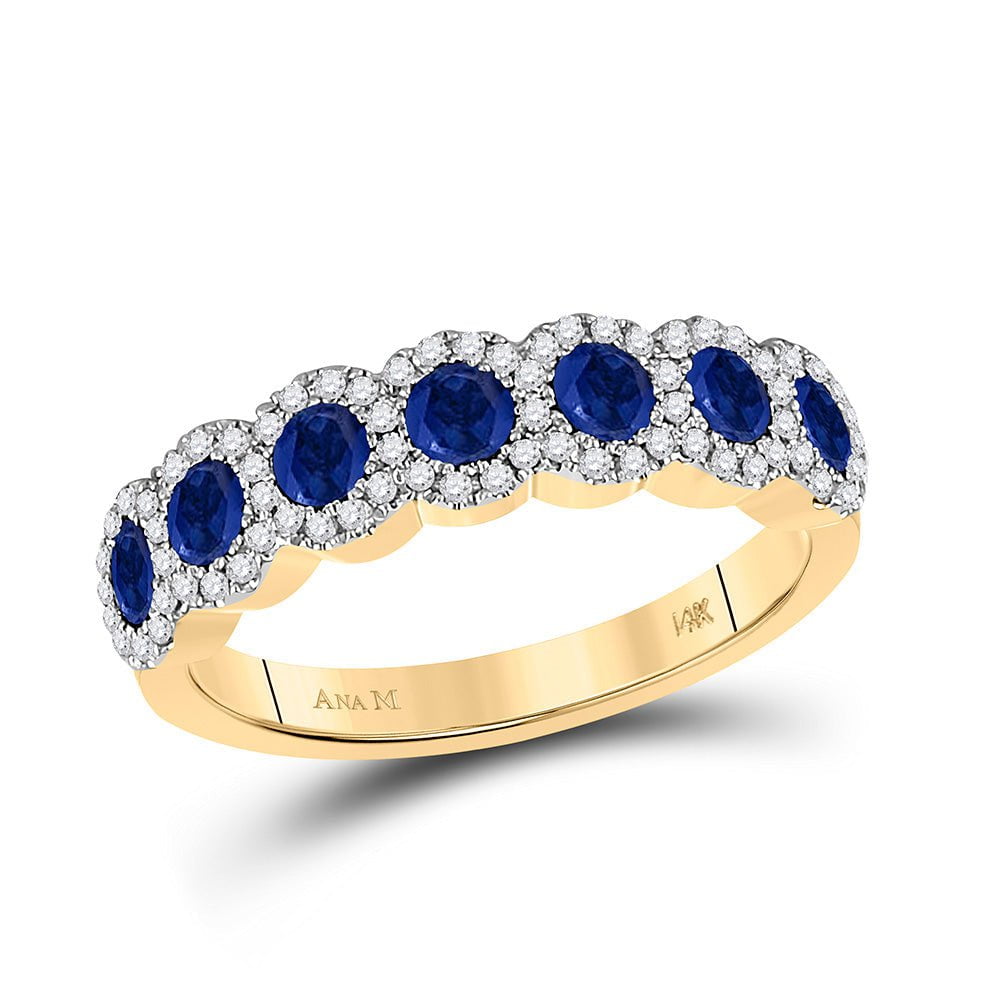 GND Gemstone Band 14kt Yellow Gold Womens Round Blue Sapphire Diamond Band Ring 1-1/4 Cttw