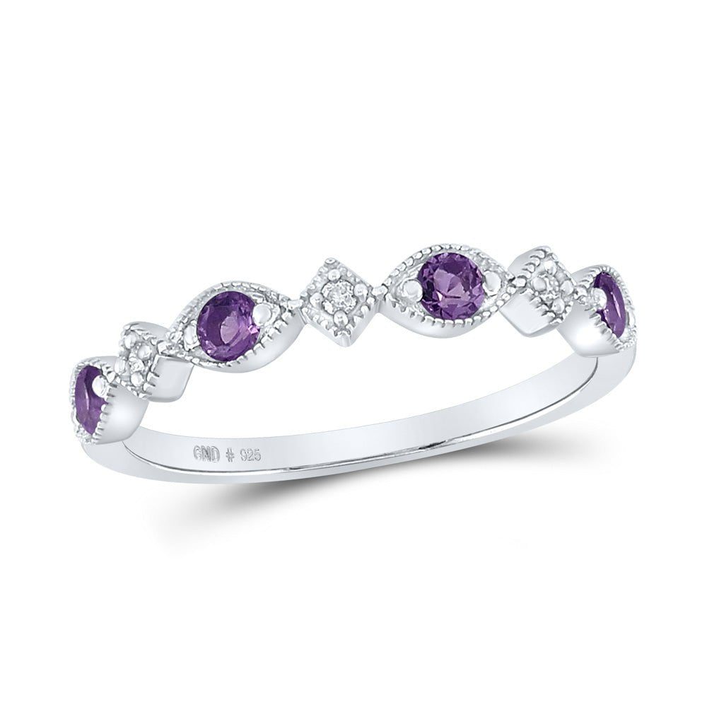 GND Gemstone Band Sterling Silver Womens Round Lab-Created Amethyst Diamond Band Ring 1/3 Cttw