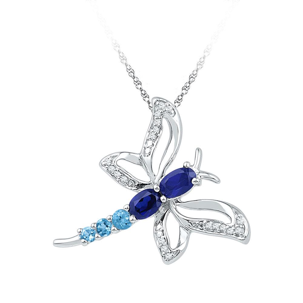 GND Gemstone Butterfly & Bug Pendant 10kt White Gold Womens Oval Lab-Created Blue Sapphire Butterfly Bug Pendant 7/8 Cttw