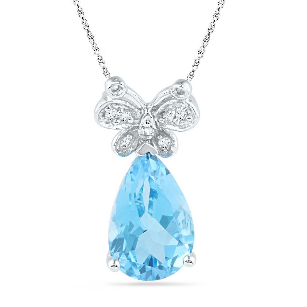 GND Gemstone Chain Necklace 10kt White Gold Womens Pear Lab-Created Blue Topaz Butterfly Bug Diamond Pendant 2-1/2 Cttw