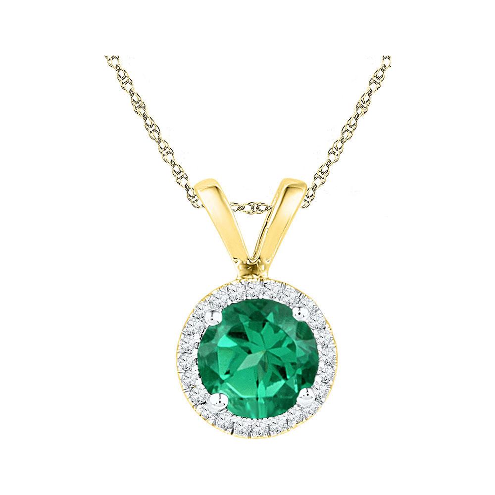 GND Gemstone Fashion Pendant 10k Yellow Gold Womens Lab-Created Emerald Solitaire & Diamond Halo Pendant 7/8 Cttw