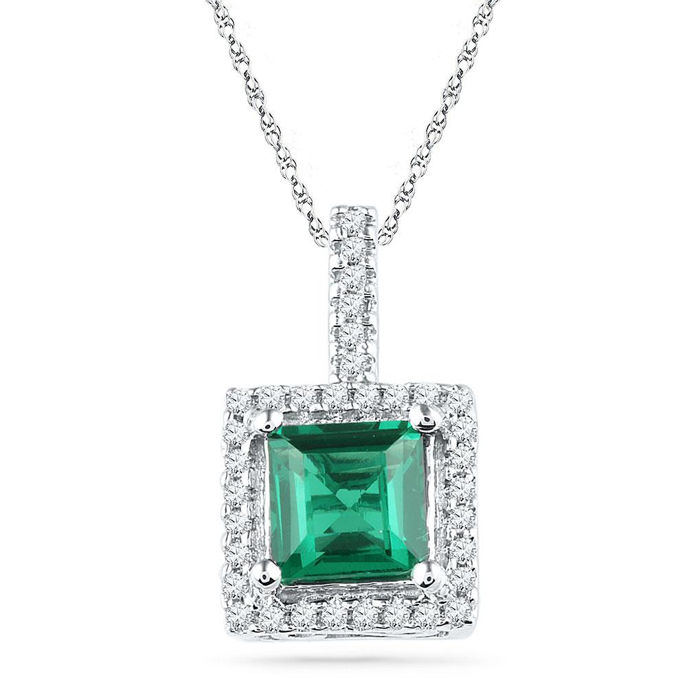 GND Gemstone Fashion Pendant 10kt White Gold Womens Cushion Lab-Created Emerald Solitaire & Diamond Pendant 1-3/8 Cttw