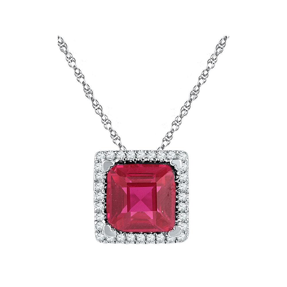 GND Gemstone Fashion Pendant 10kt White Gold Womens Cushion Lab-Created Ruby Solitaire Diamond Pendant 1-7/8 Cttw