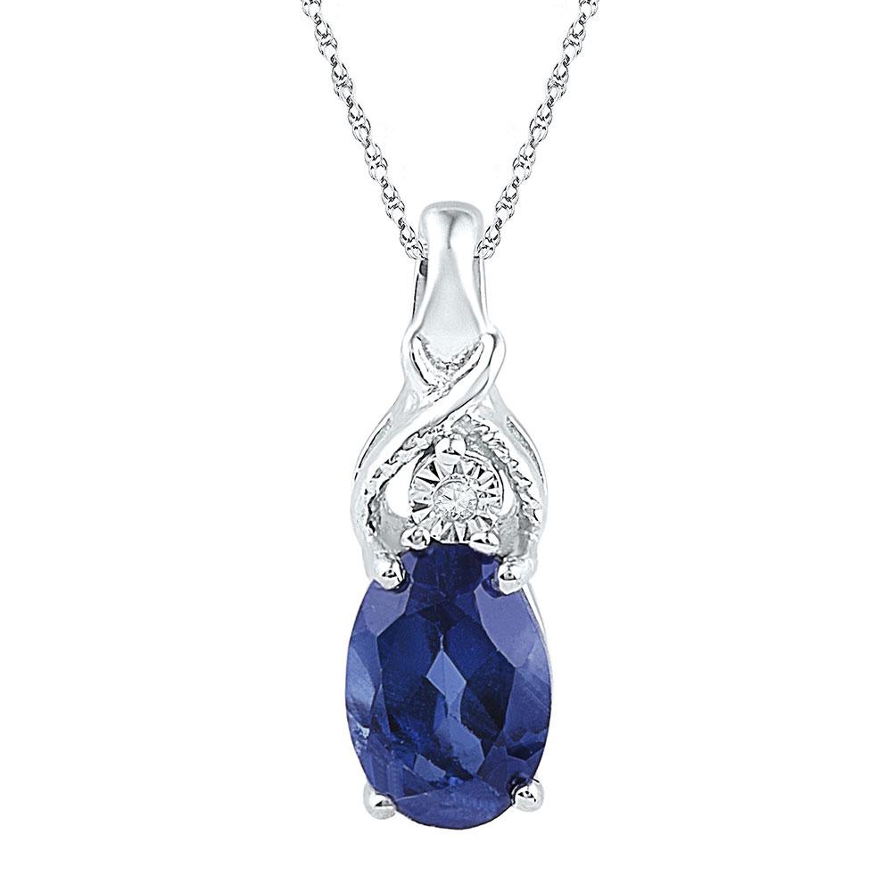 GND Gemstone Fashion Pendant 10kt White Gold Womens Oval Lab-Created Blue Sapphire Solitaire Diamond Pendant 7/8 Cttw