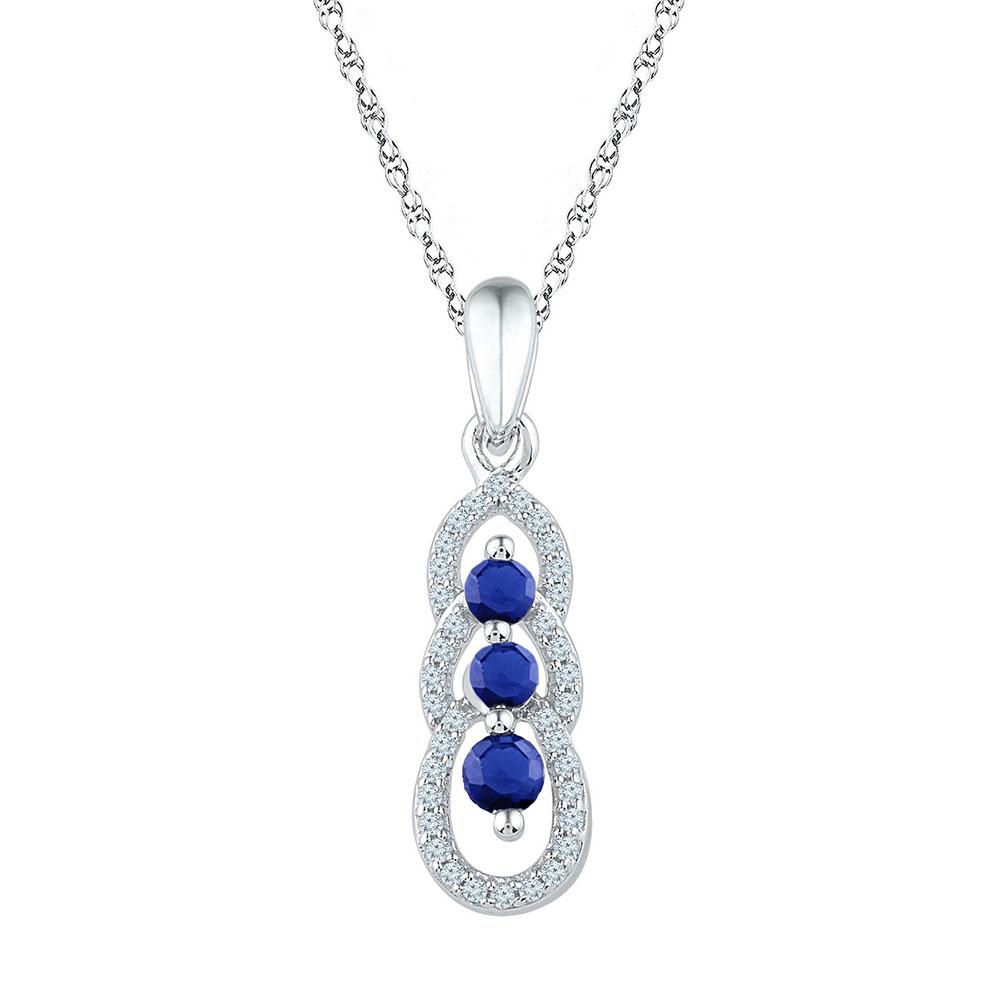 GND Gemstone Fashion Pendant 10kt White Gold Womens Round Lab-Created Blue Sapphire 3-stone Pendant 1/2 Cttw