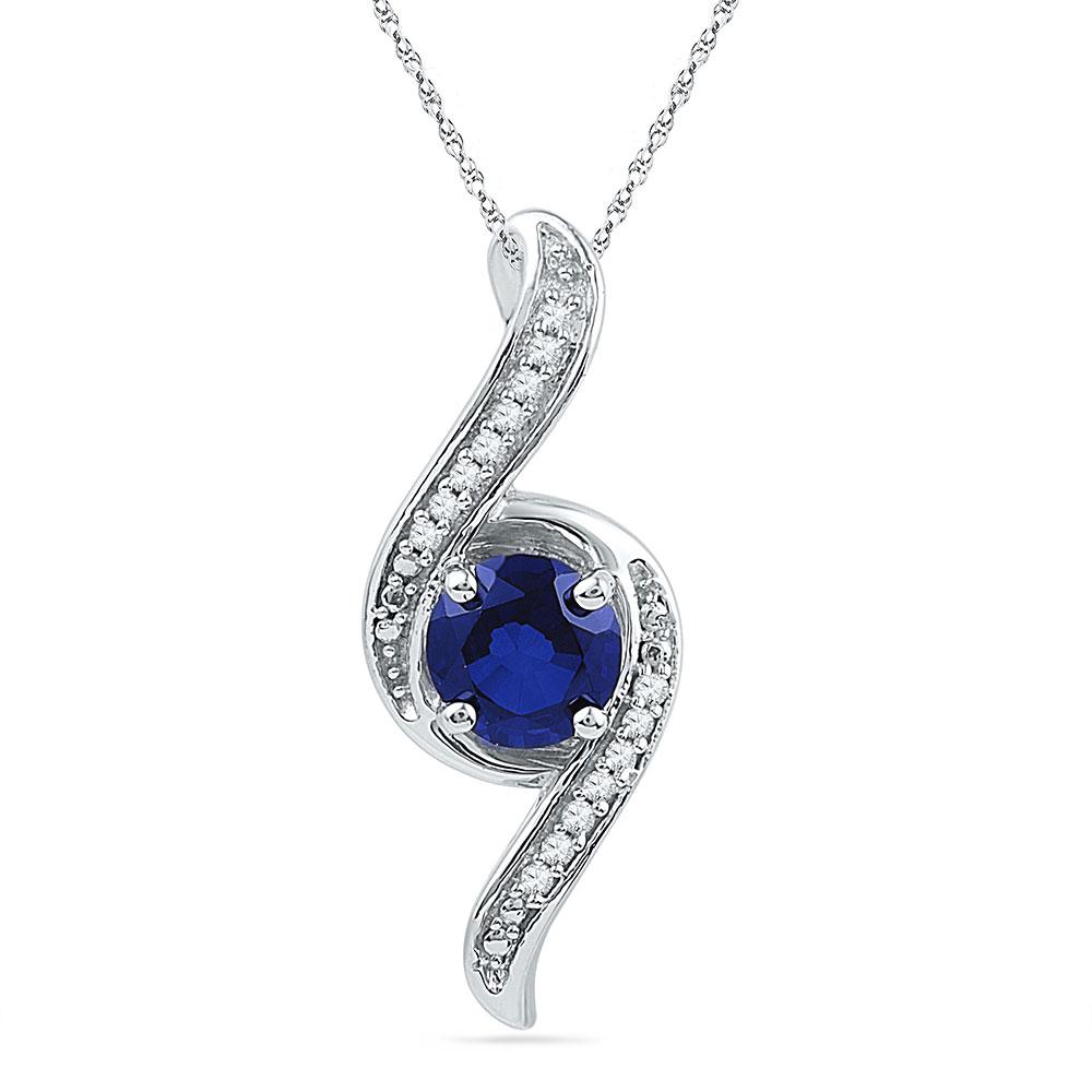 GND Gemstone Fashion Pendant 10kt White Gold Womens Round Lab-Created Blue Sapphire Solitaire Diamond Pendant 1 Cttw