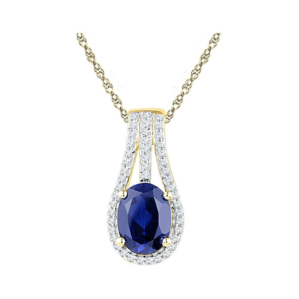 GND Gemstone Fashion Pendant 10kt Yellow Gold Womens Oval Lab-Created Blue Sapphire Solitaire Pendant 1-3/4 Cttw