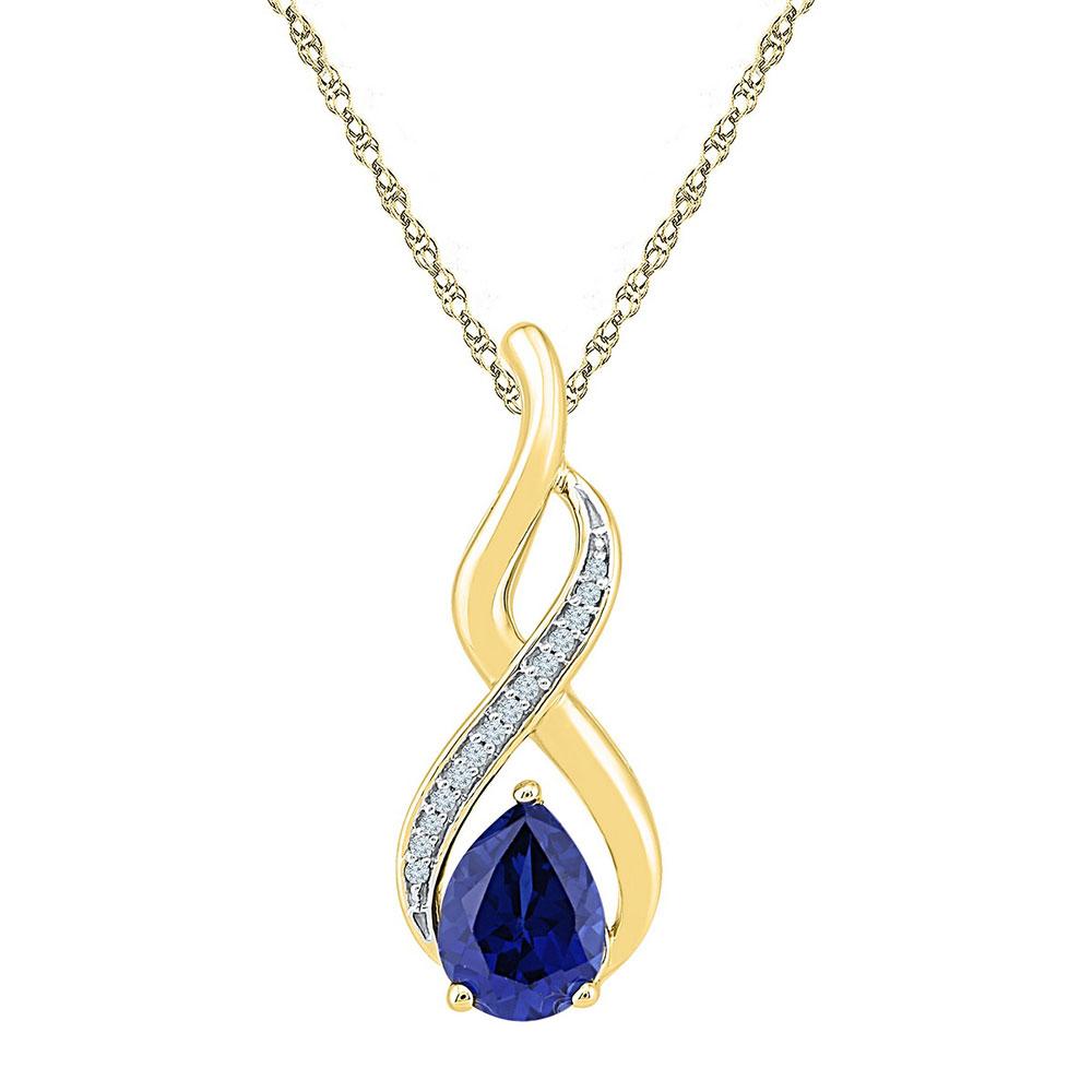 GND Gemstone Fashion Pendant 10kt Yellow Gold Womens Pear Lab-Created Blue Sapphire Solitaire Diamond Pendant 1-4/5 Cttw