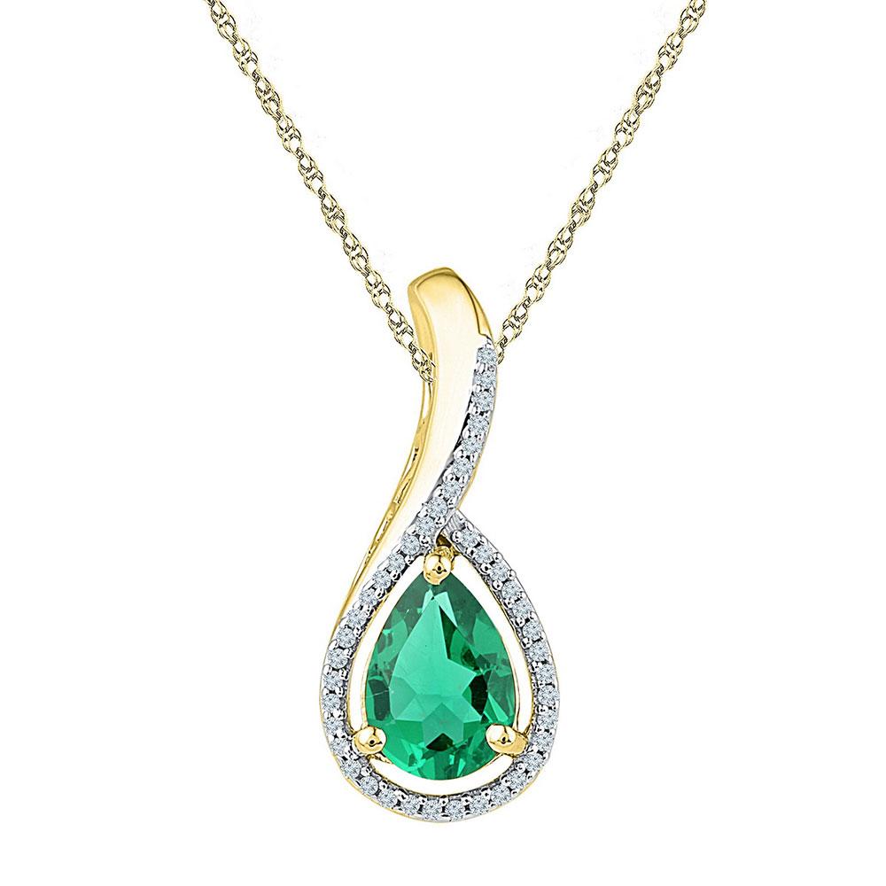 GND Gemstone Fashion Pendant 10kt Yellow Gold Womens Pear Lab-Created Emerald Solitaire Diamond Pendant 2 Cttw