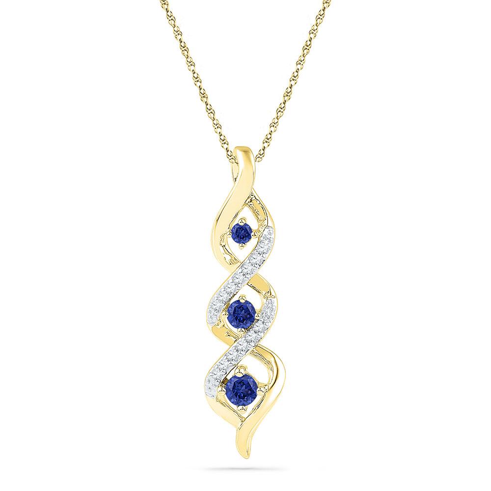 GND Gemstone Fashion Pendant 10kt Yellow Gold Womens Round Lab-Created Blue Sapphire Cascading 3-stone Pendant 1/3 Cttw