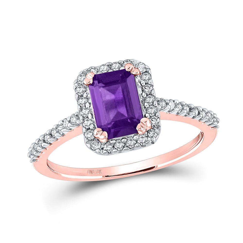 GND Gemstone Fashion Ring 10kt Rose Gold Womens Emerald Lab-Created Amethyst Solitaire Ring 1 Cttw