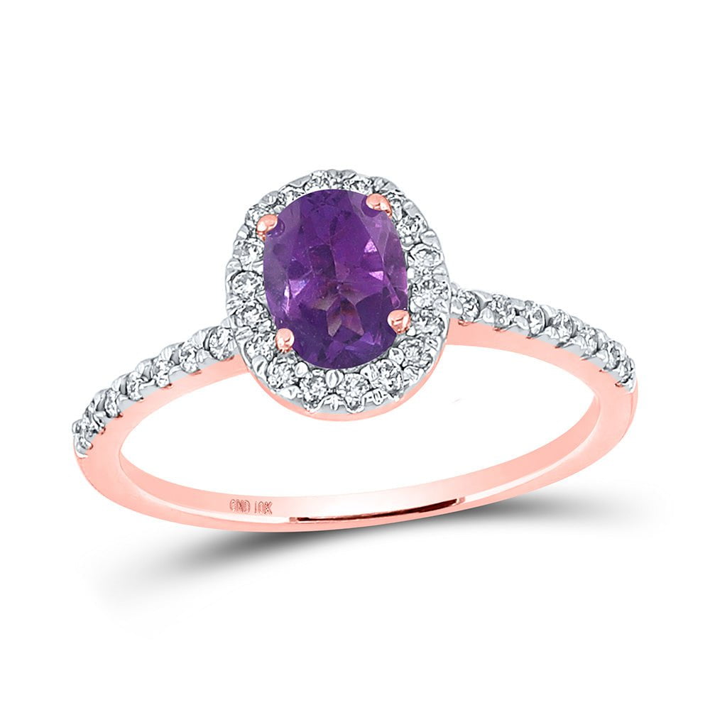 GND Gemstone Fashion Ring 10kt Rose Gold Womens Oval Lab-Created Amethyst Solitaire Ring 1 Cttw