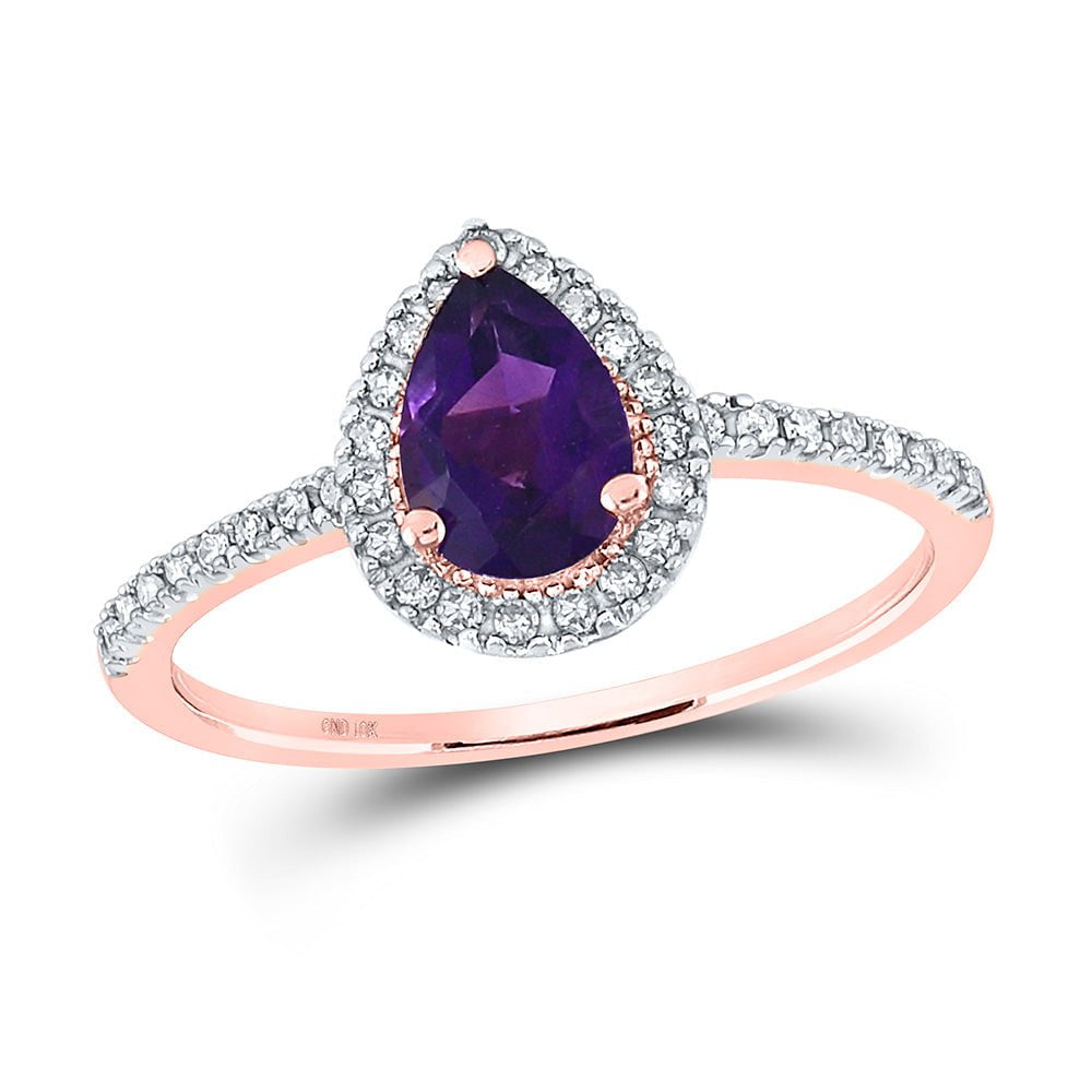 GND Gemstone Fashion Ring 10kt Rose Gold Womens Pear Lab-Created Amethyst Solitaire Ring 3/4 Cttw