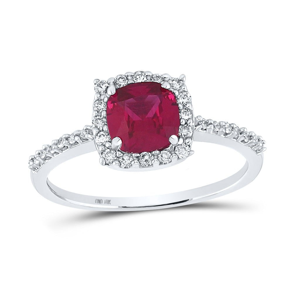 GND Gemstone Fashion Ring 10kt White Gold Womens Cushion Lab-Created Ruby Diamond Solitaire Ring 1-1/2 Cttw