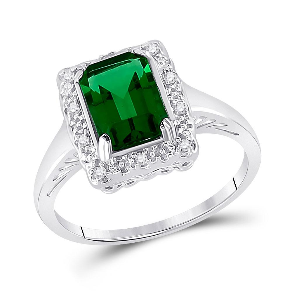 GND Gemstone Fashion Ring 10kt White Gold Womens Emerald Lab-Created Emerald Solitaire Ring 1-4/5 Cttw