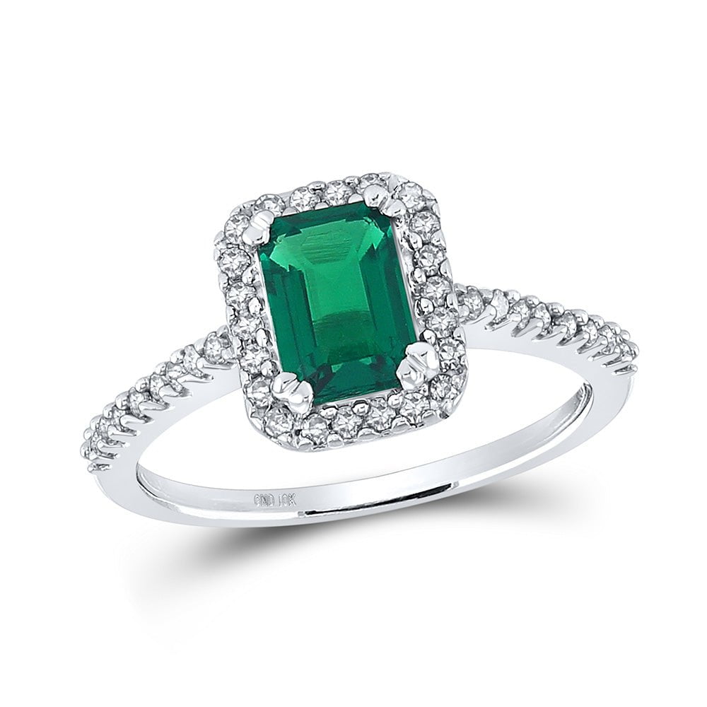 GND Gemstone Fashion Ring 10kt White Gold Womens Emerald Lab-Created Emerald Solitaire Ring 1 Cttw