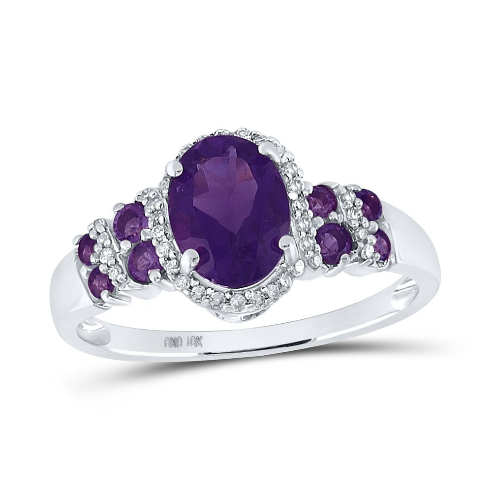 GND Gemstone Fashion Ring 10kt White Gold Womens Oval Lab-Created Amethyst Solitaire Ring 1-3/8 Cttw