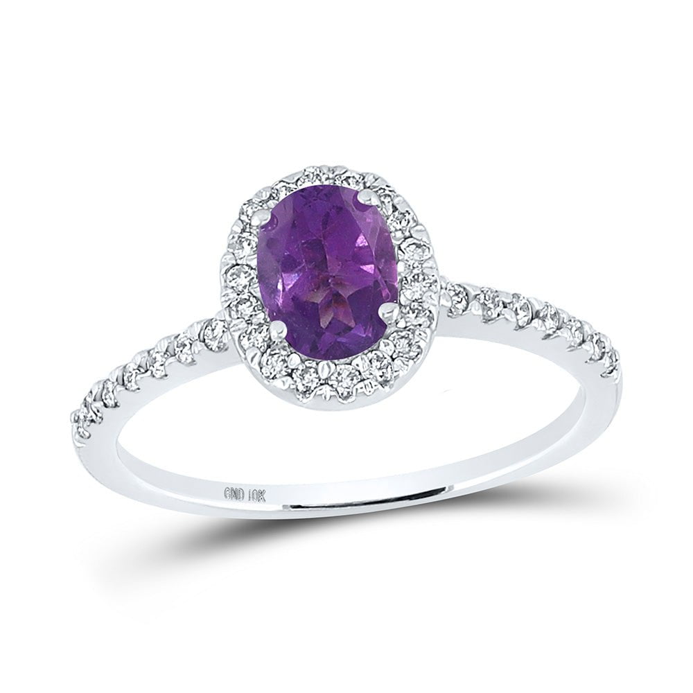 GND Gemstone Fashion Ring 10kt White Gold Womens Oval Lab-Created Amethyst Solitaire Ring 1 Cttw