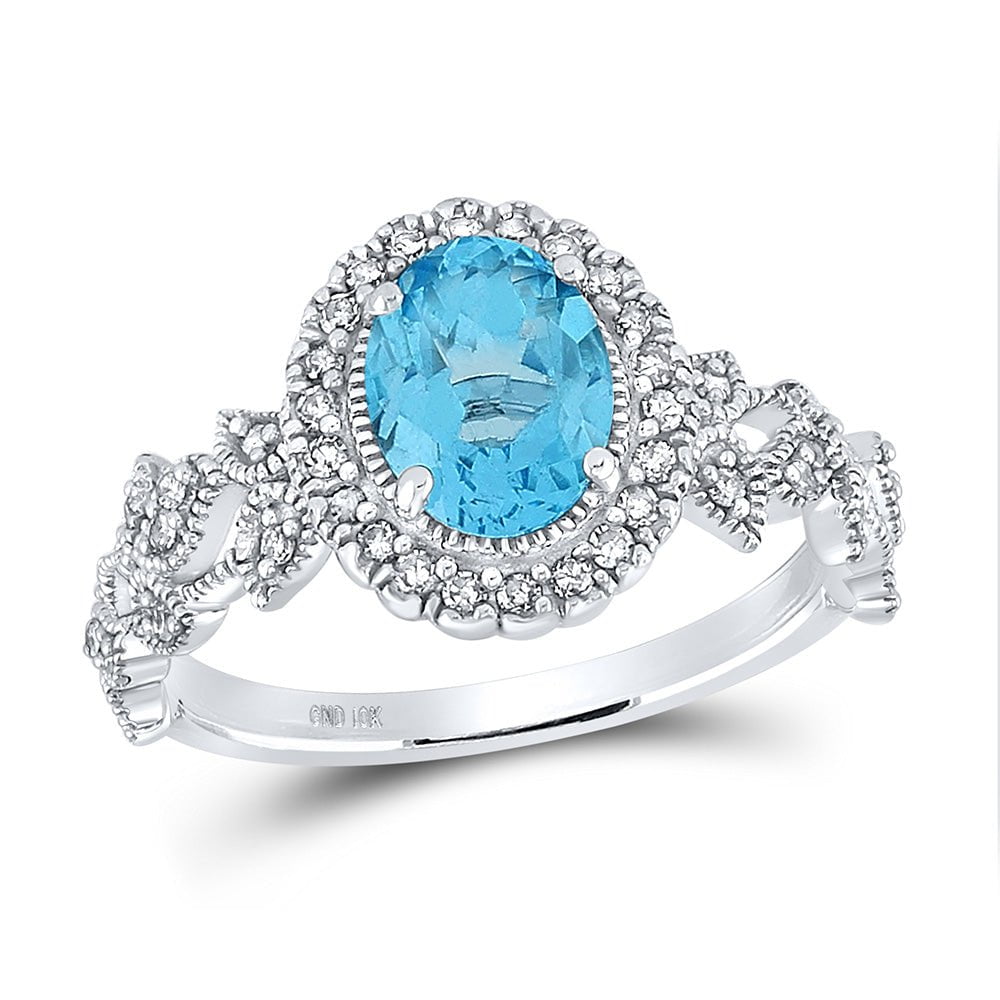 GND Gemstone Fashion Ring 10kt White Gold Womens Oval Lab-Created Blue Topaz Fashion Ring 1-7/8 Cttw