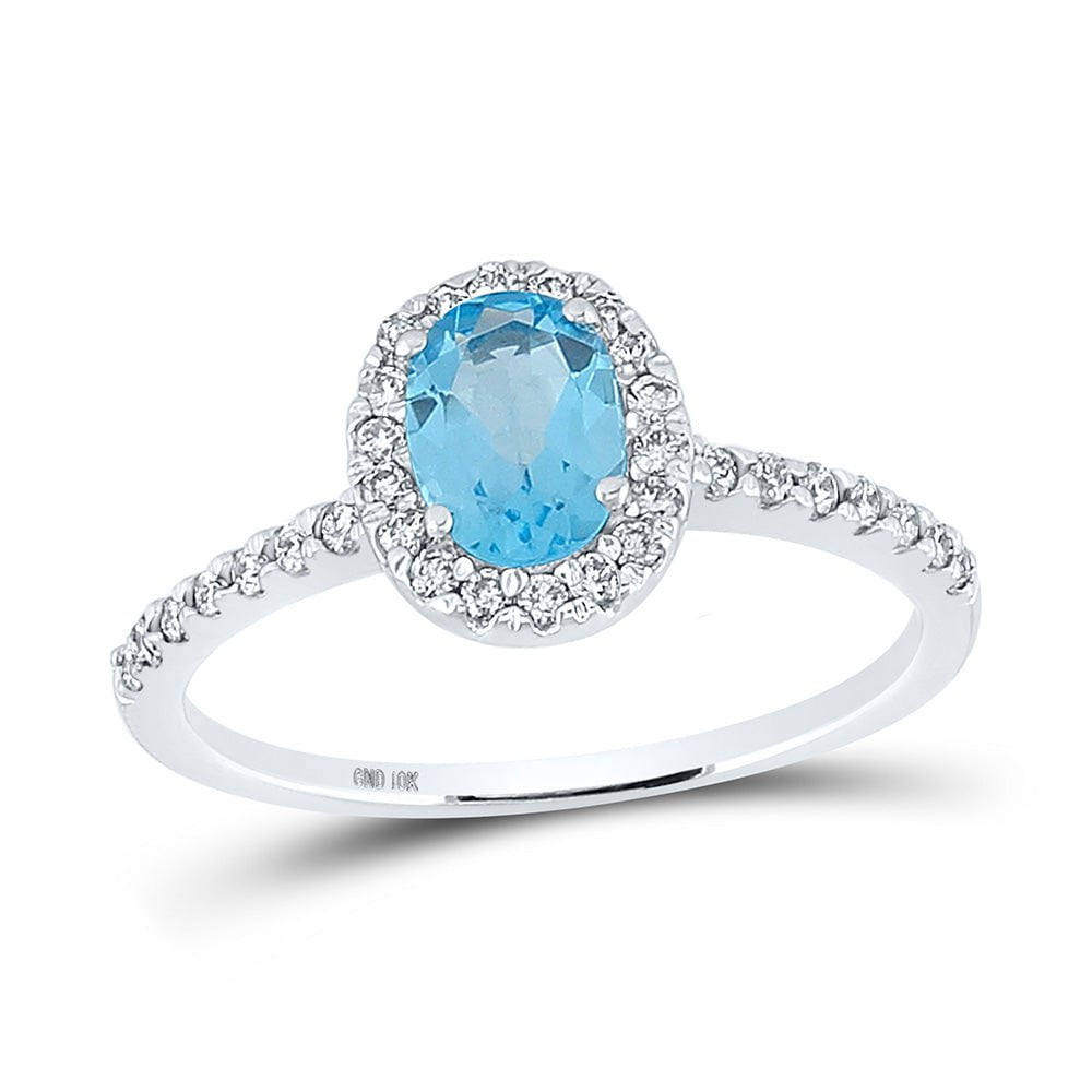GND Gemstone Fashion Ring 10kt White Gold Womens Oval Lab-Created Blue Topaz Solitaire Ring 1-1/5 Cttw