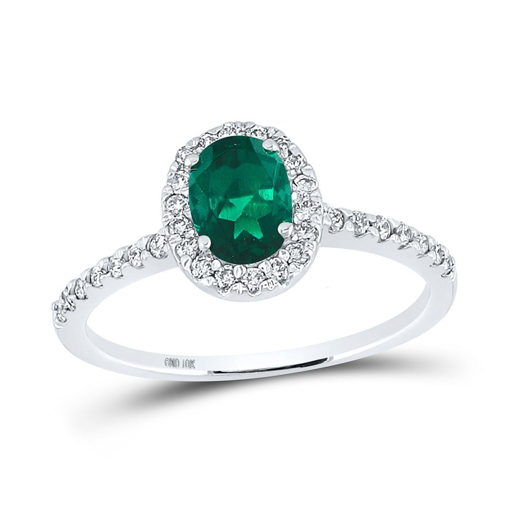 GND Gemstone Fashion Ring 10kt White Gold Womens Oval Lab-Created Emerald Solitaire Ring 1 Cttw