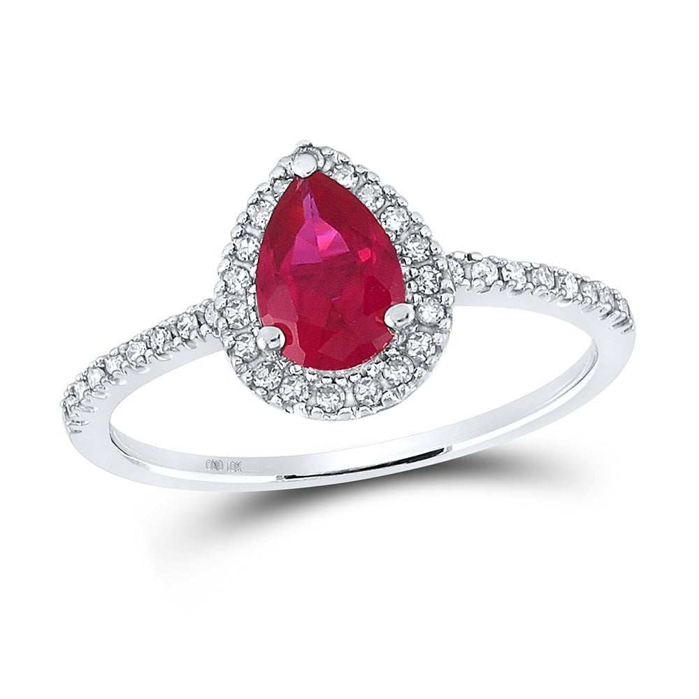 GND Gemstone Fashion Ring 10kt White Gold Womens Pear Lab-Created Ruby Solitaire Ring 1 Cttw