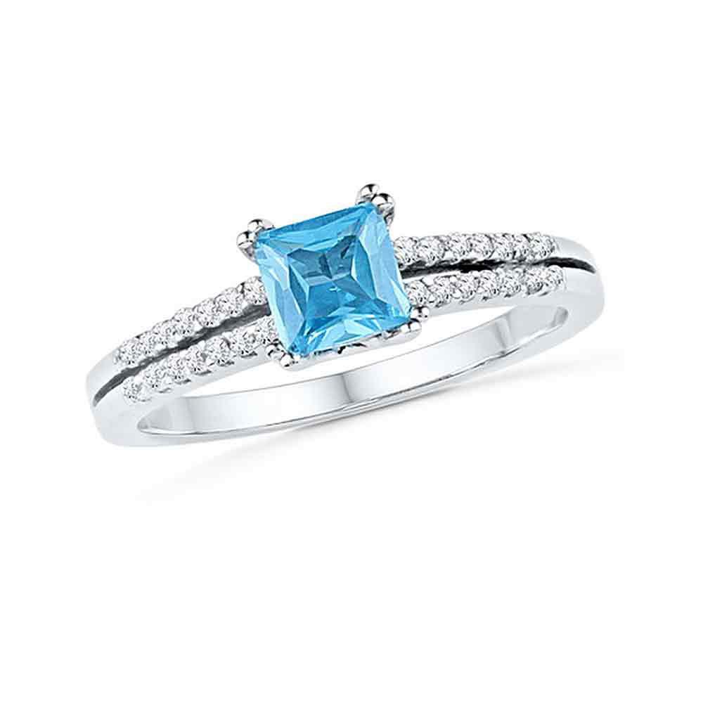 GND Gemstone Fashion Ring 10kt White Gold Womens Princess Lab-Created Blue Topaz Solitaire Ring 5/8 Cttw