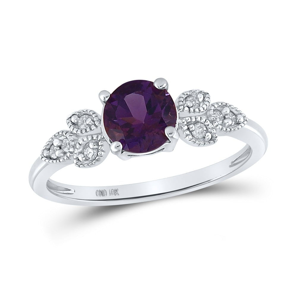 GND Gemstone Fashion Ring 10kt White Gold Womens Round Lab-Created Amethyst Floral Solitaire Ring 7/8 Cttw