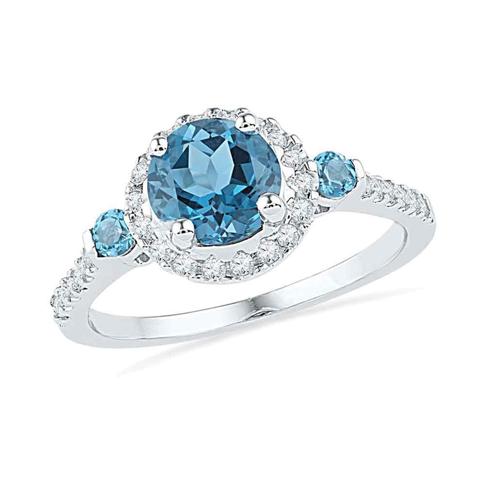 GND Gemstone Fashion Ring 10kt White Gold Womens Round Lab-Created Blue Topaz Solitaire Diamond Ring 1/5 Cttw