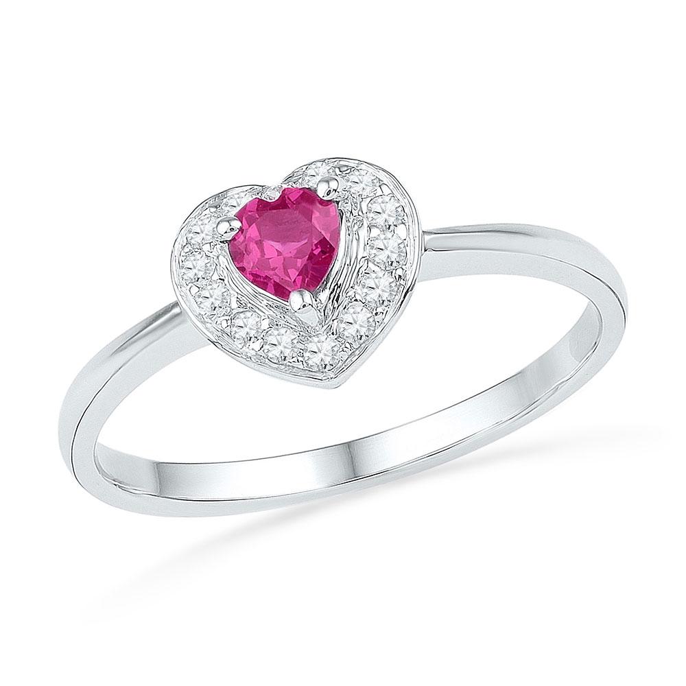GND Gemstone Fashion Ring 10kt White Gold Womens Round Lab-Created Pink Sapphire Heart Ring 1/10 Cttw