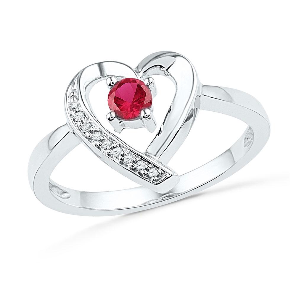 GND Gemstone Fashion Ring 10kt White Gold Womens Round Lab-Created Ruby Heart Ring 1/4 Cttw