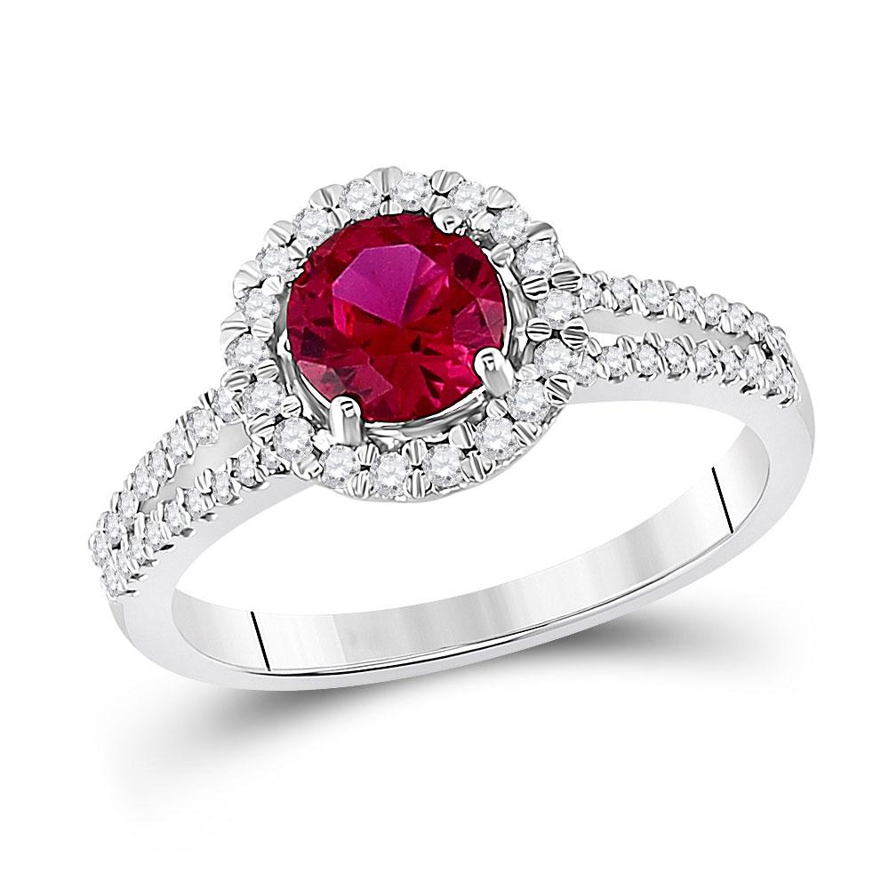 GND Gemstone Fashion Ring 10kt White Gold Womens Round Lab-Created Ruby Solitaire Diamond Halo Ring 1-5/8 Cttw
