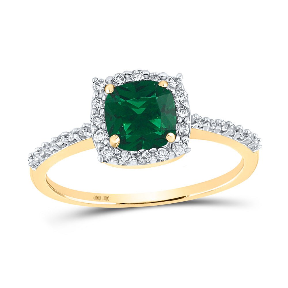 GND Gemstone Fashion Ring 10kt Yellow Gold Womens Cushion Lab-Created Emerald Diamond Solitaire Ring 1-1/5 Cttw