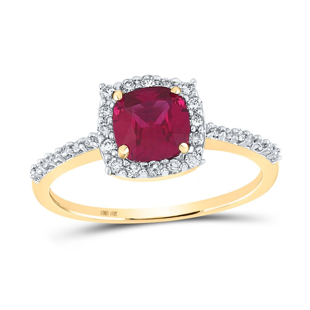 GND Gemstone Fashion Ring 10kt Yellow Gold Womens Cushion Lab-Created Ruby Diamond Solitaire Ring 1-1/2 Cttw