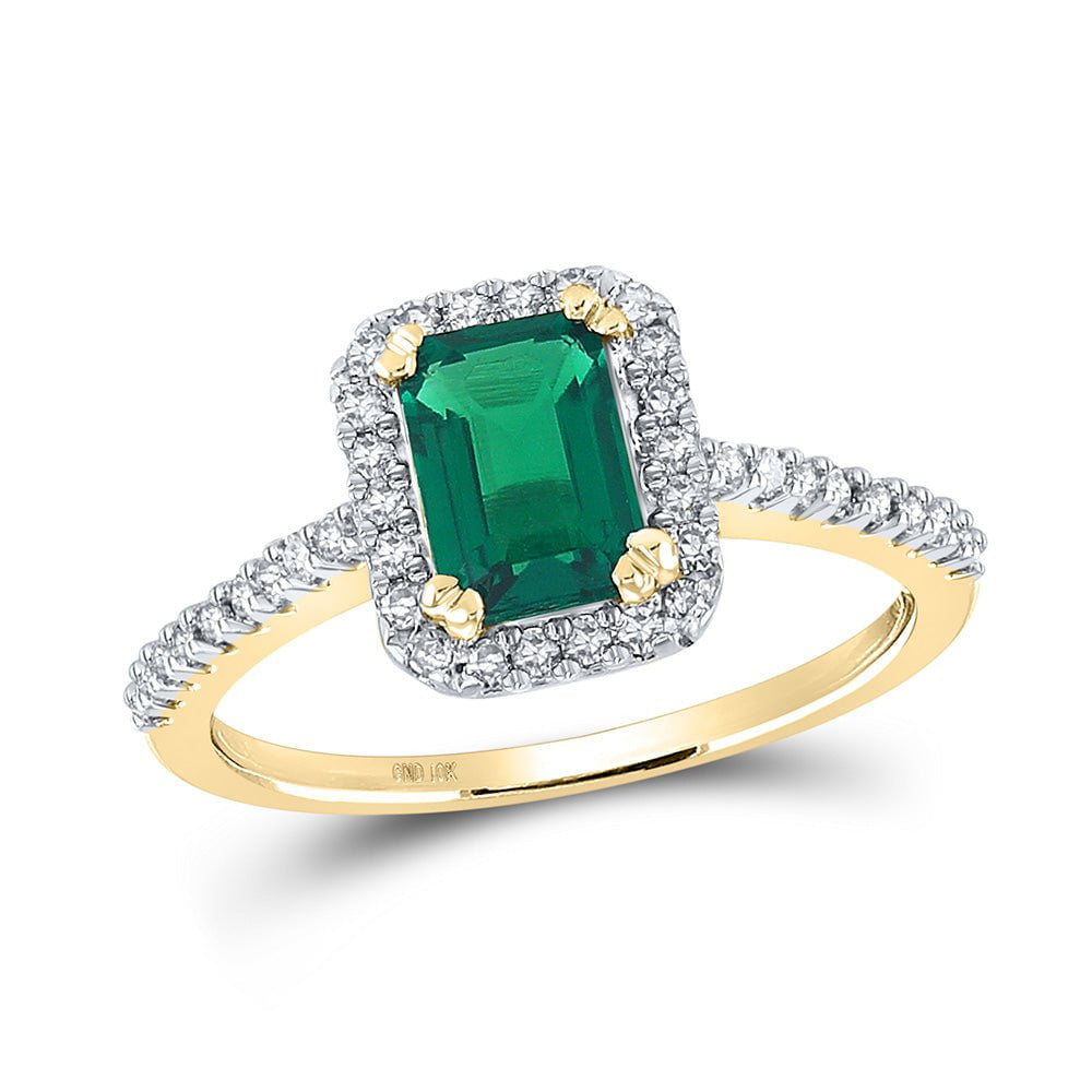 GND Gemstone Fashion Ring 10kt Yellow Gold Womens Lab-Created Emerald Diamond Solitaire Ring 1 Cttw