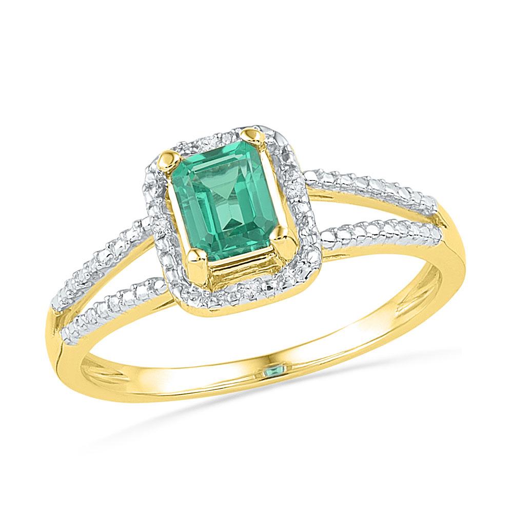 GND Gemstone Fashion Ring 10kt Yellow Gold Womens Lab-Created Emerald Solitaire Diamond Split-shank Ring 1-1/2 Cttw