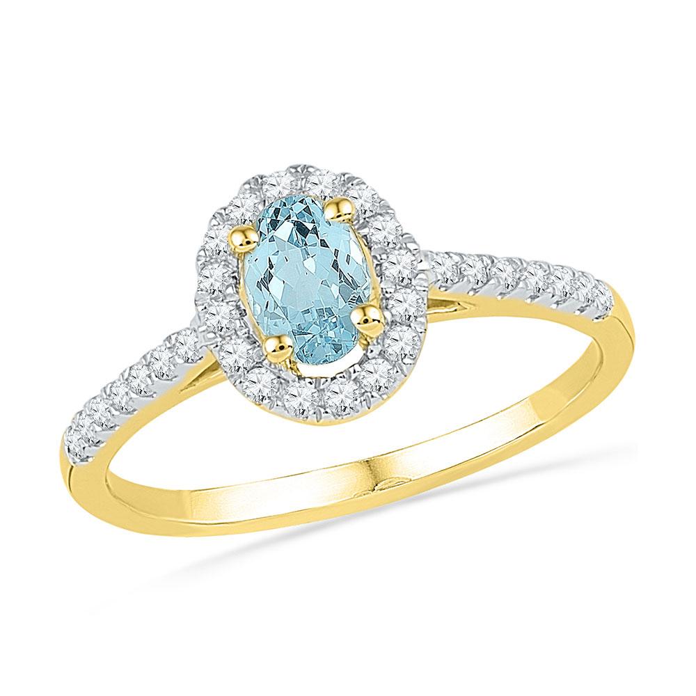 GND Gemstone Fashion Ring 10kt Yellow Gold Womens Oval Lab-Created Aquamarine Solitaire Diamond Ring 1/5 Cttw