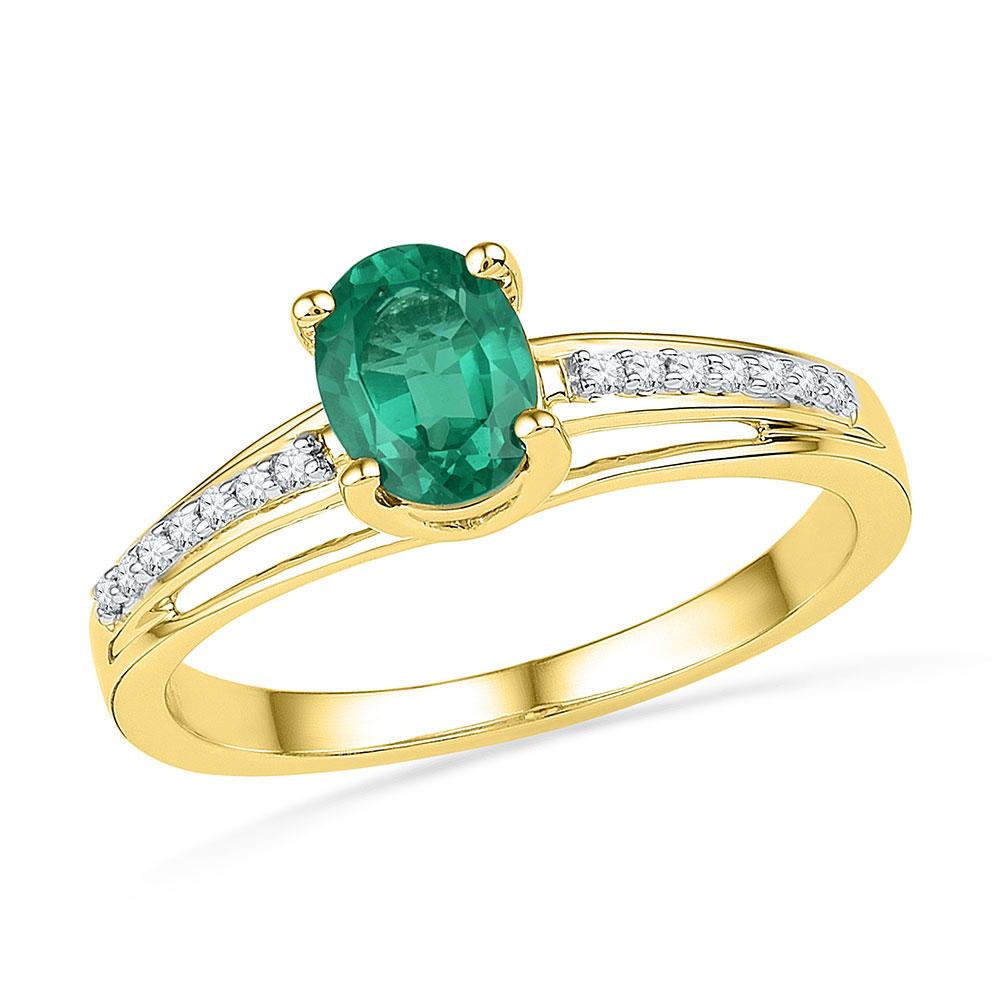 GND Gemstone Fashion Ring 10kt Yellow Gold Womens Oval Lab-Created Emerald Solitaire Ring 1/12 Cttw
