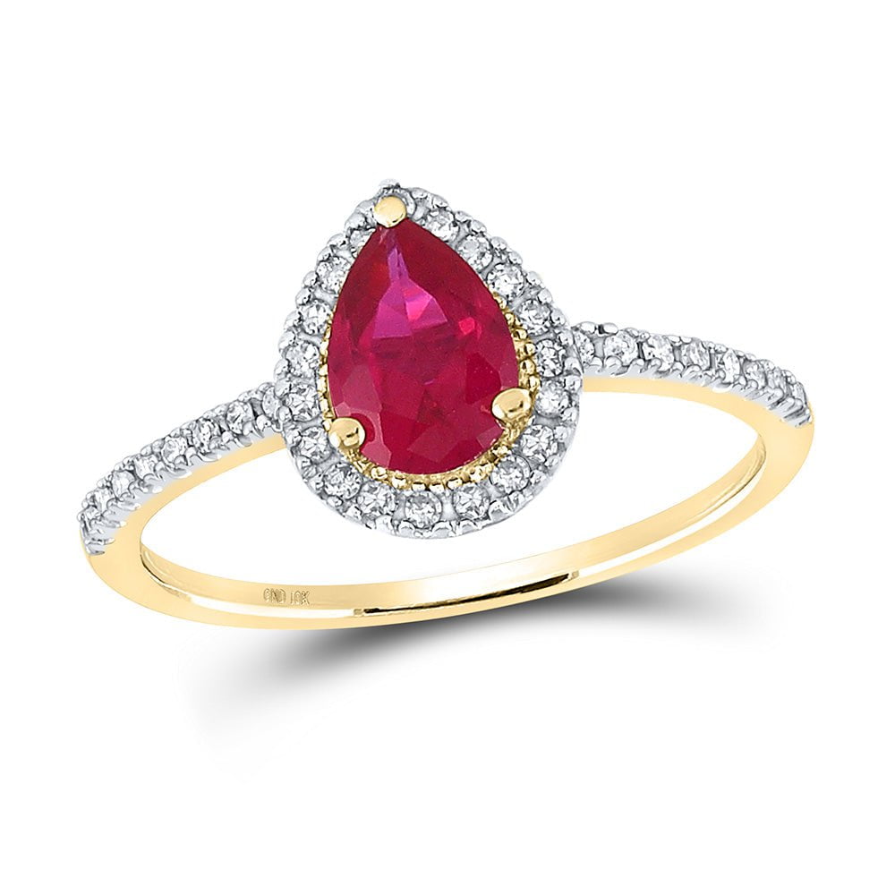 GND Gemstone Fashion Ring 10kt Yellow Gold Womens Pear Lab-Created Ruby Solitaire Ring 1 Cttw