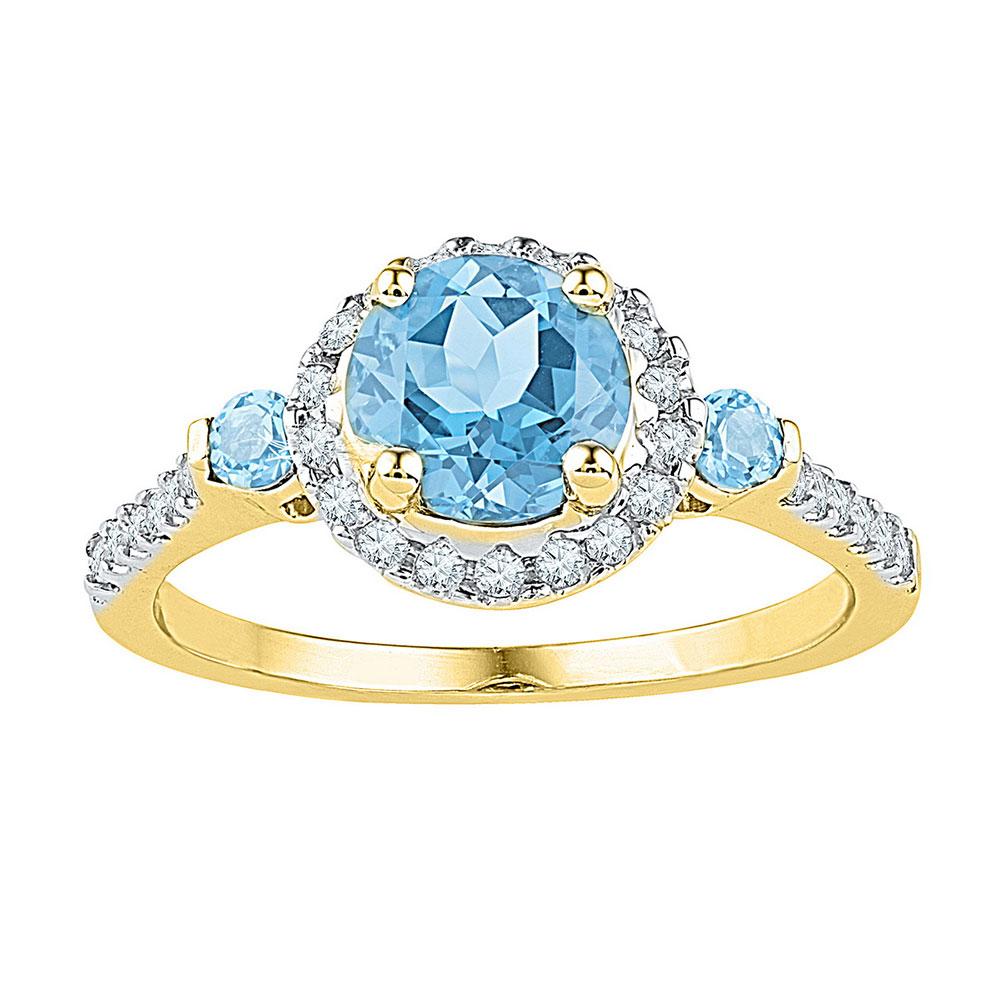 GND Gemstone Fashion Ring 10kt Yellow Gold Womens Round Lab-Created Blue Topaz Solitaire Diamond Ring 1/5 Cttw