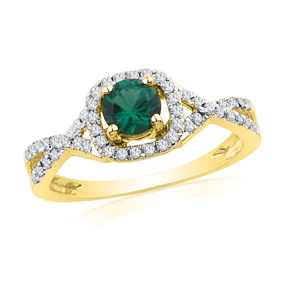 GND Gemstone Fashion Ring 10kt Yellow Gold Womens Round Lab-Created Emerald Solitaire Diamond Ring 3/4 Cttw