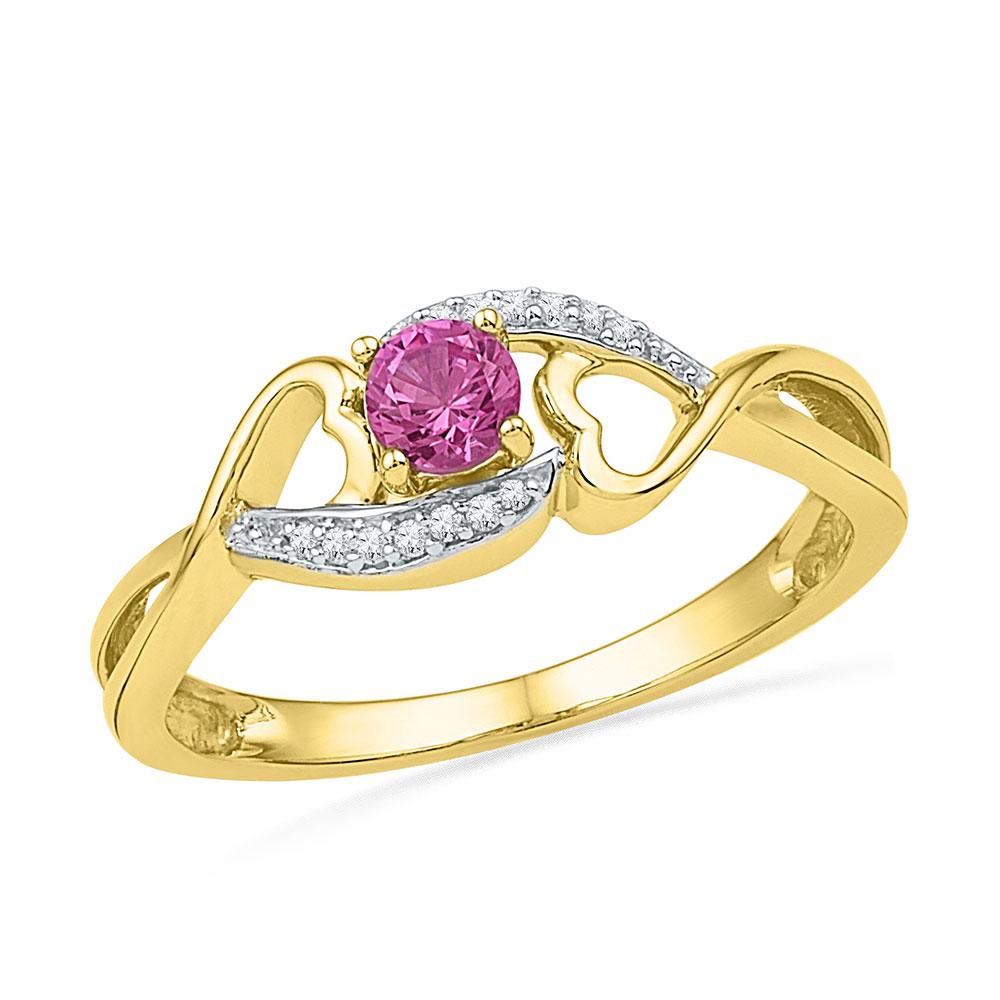 GND Gemstone Fashion Ring 10kt Yellow Gold Womens Round Lab-Created Pink Sapphire Diamond Heart Ring 1/20 Cttw