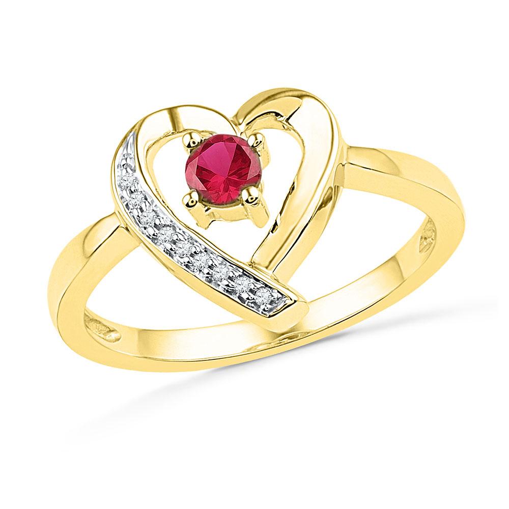 GND Gemstone Fashion Ring 10kt Yellow Gold Womens Round Lab-Created Ruby Heart Ring 1/4 Cttw